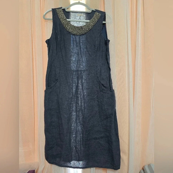 Lina Tomei Linen Shift Dress w/ Hand Beaded Neckline, Made in Italy, EUC! - Picture 2 of 11